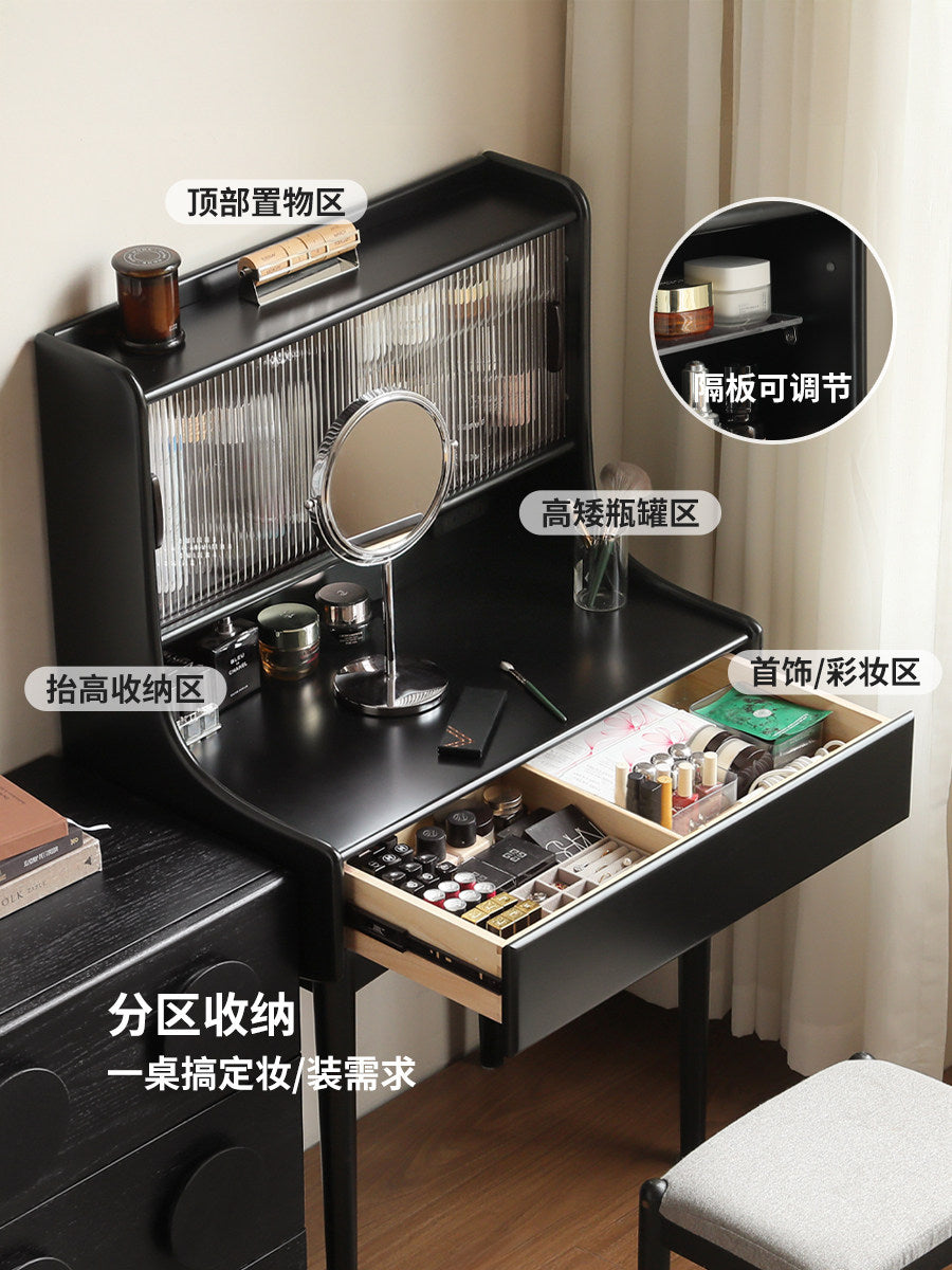 Solid wood makeup table, vintage bedroom vanity, multifunctional black dressing table with integrated storage shelves